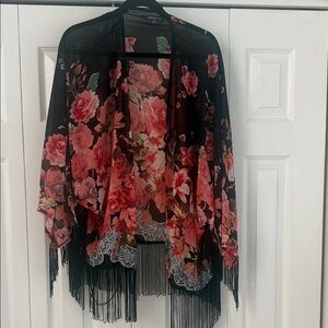 Black Floral Fringe Kimono Jacket with Pink Roses by